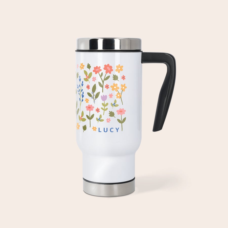 Tazza Termica Personalizzata Tazza thermos bianca personalizzata con disegni allegri floreali e nome LUCY, stampati a colori