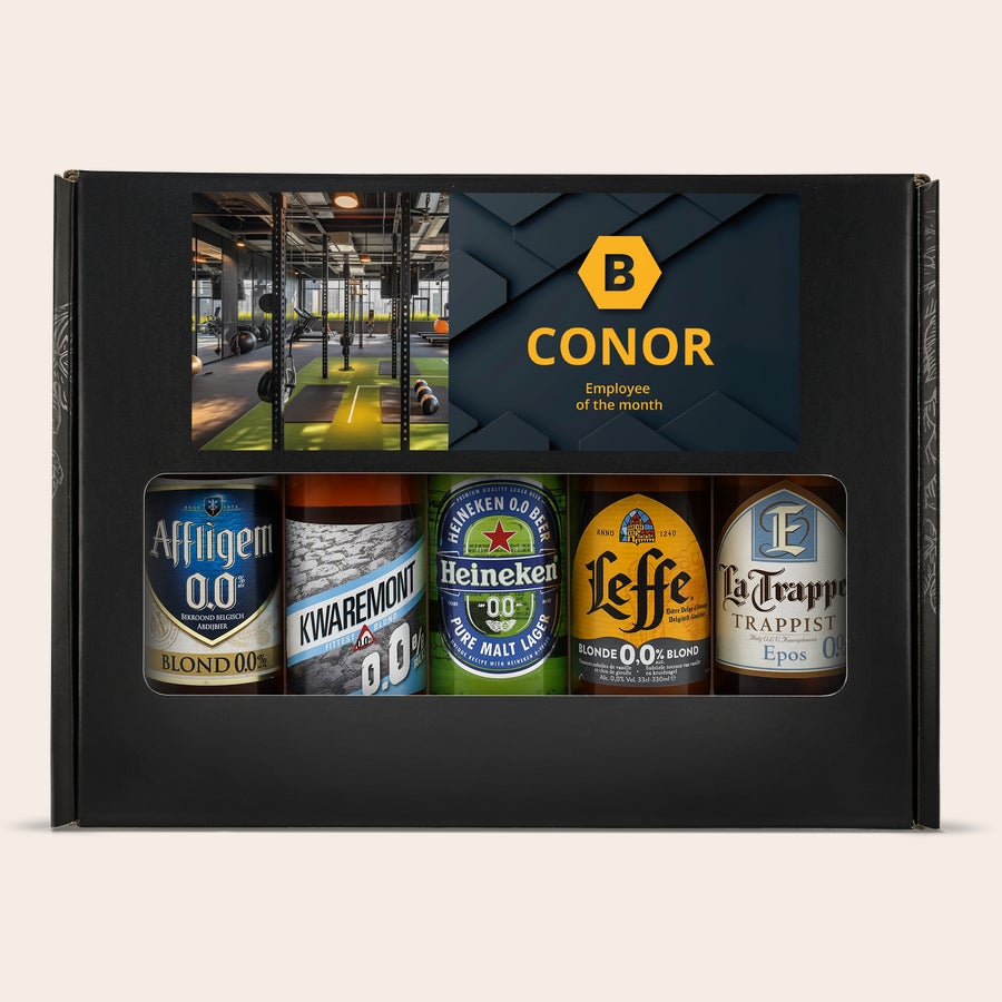 Personalised beer gift set - Non-alcoholic Personalised beer gift set - Non-alcoholic with custom photo and printed name Conor Employee of the month.