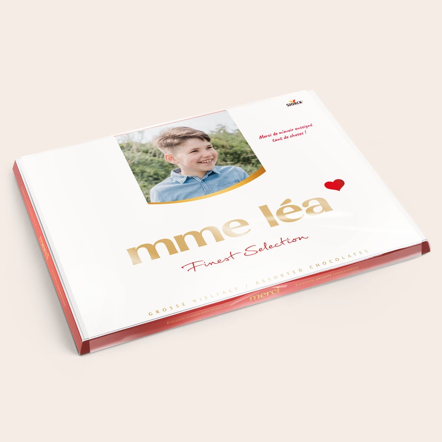 Chocolat Merci Finest Selection avec carte de vœux Boîte de chocolats Merci Finest Selection avec photo et nom Mme Léa, texte imprimé personnalisable