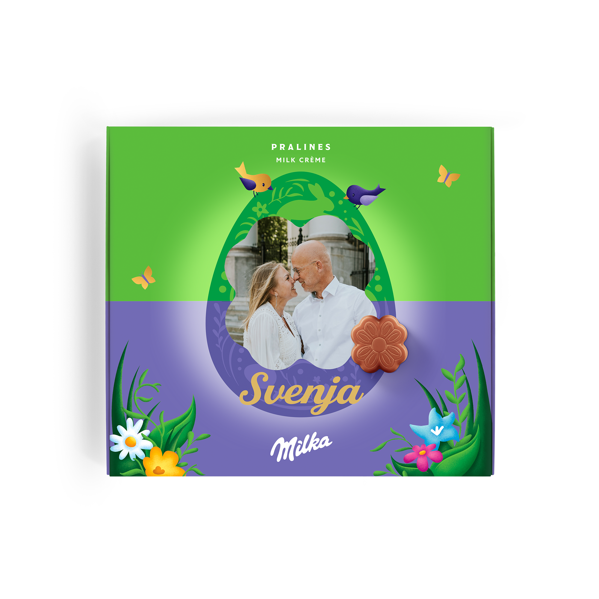 Milka Pralinenbox mit Osterdesign, personalisiert mit einem Foto eines Paares und dem Namen Svenja, als Geschenk zu Ostern