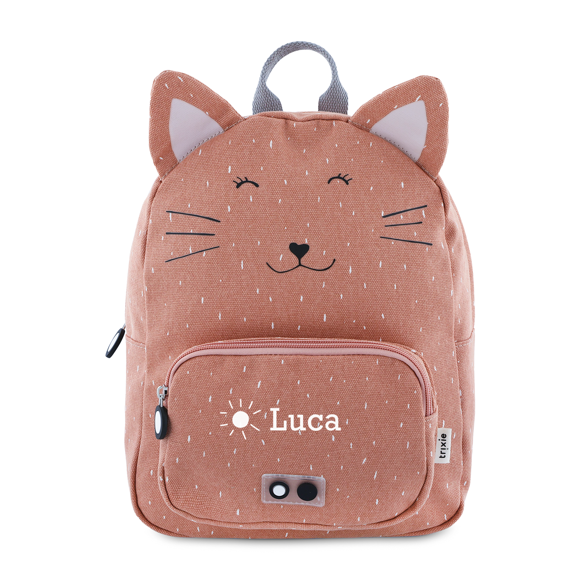 Roze kinderrugzak met kattengezicht, bedrukt met de naam Luca en zonnetje op het voorvak.