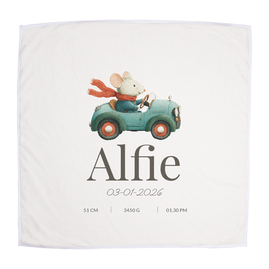 Personalised baby blanket, white with a mouse in a car illustration, printed with the name Alfie and birth details