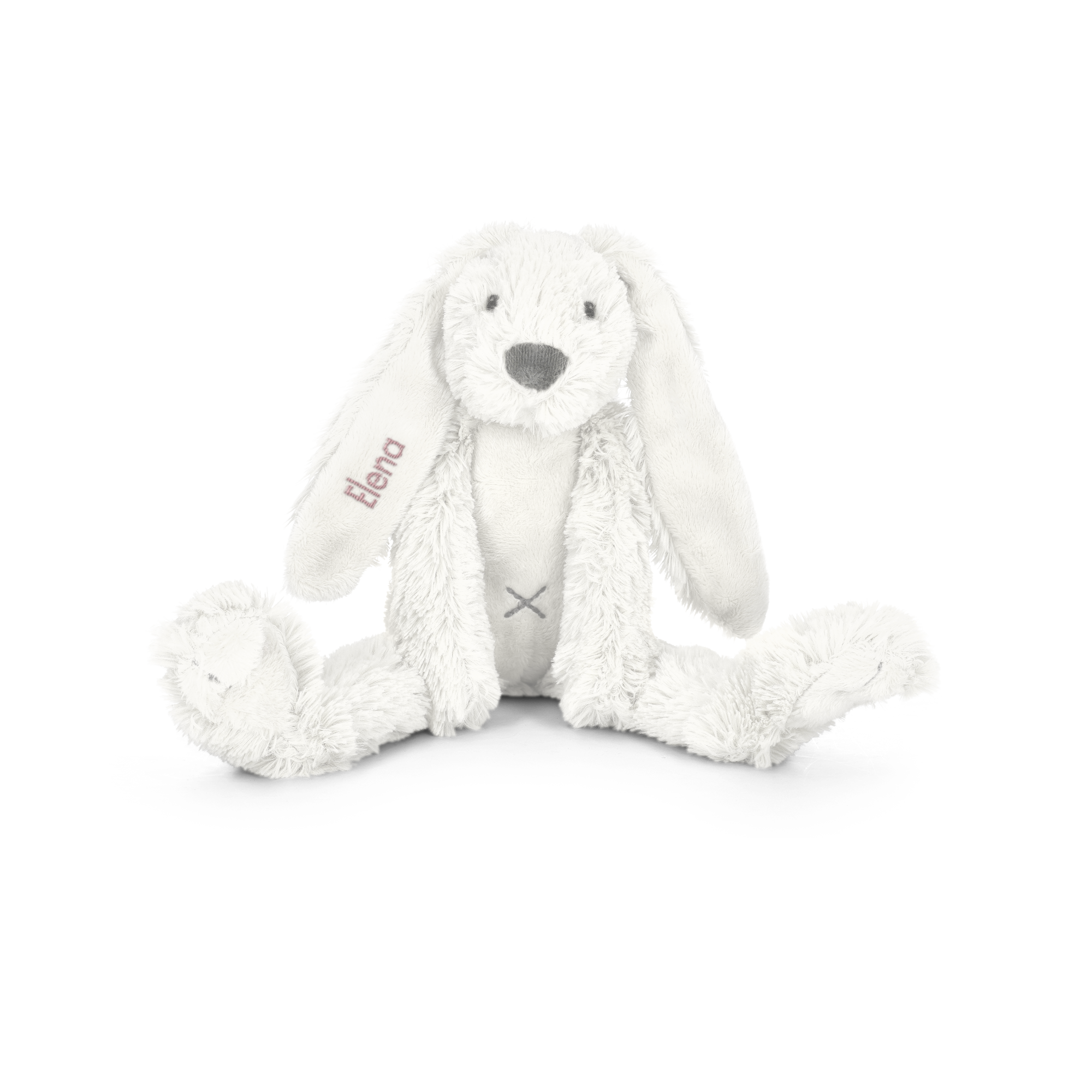 Weißes Kuschelkaninchen mit dem Namen Elena auf dem rechten Ohr bestickt.