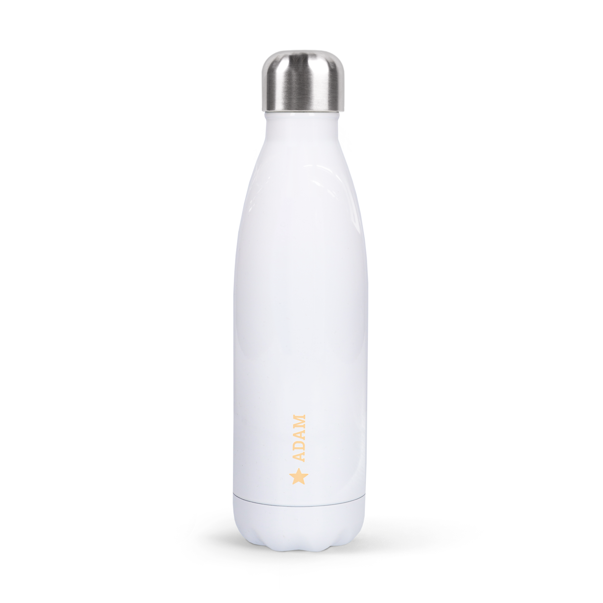 Hvit personlig vannflaske av stål, trykket med navnet "ADAM" og en stjerne.