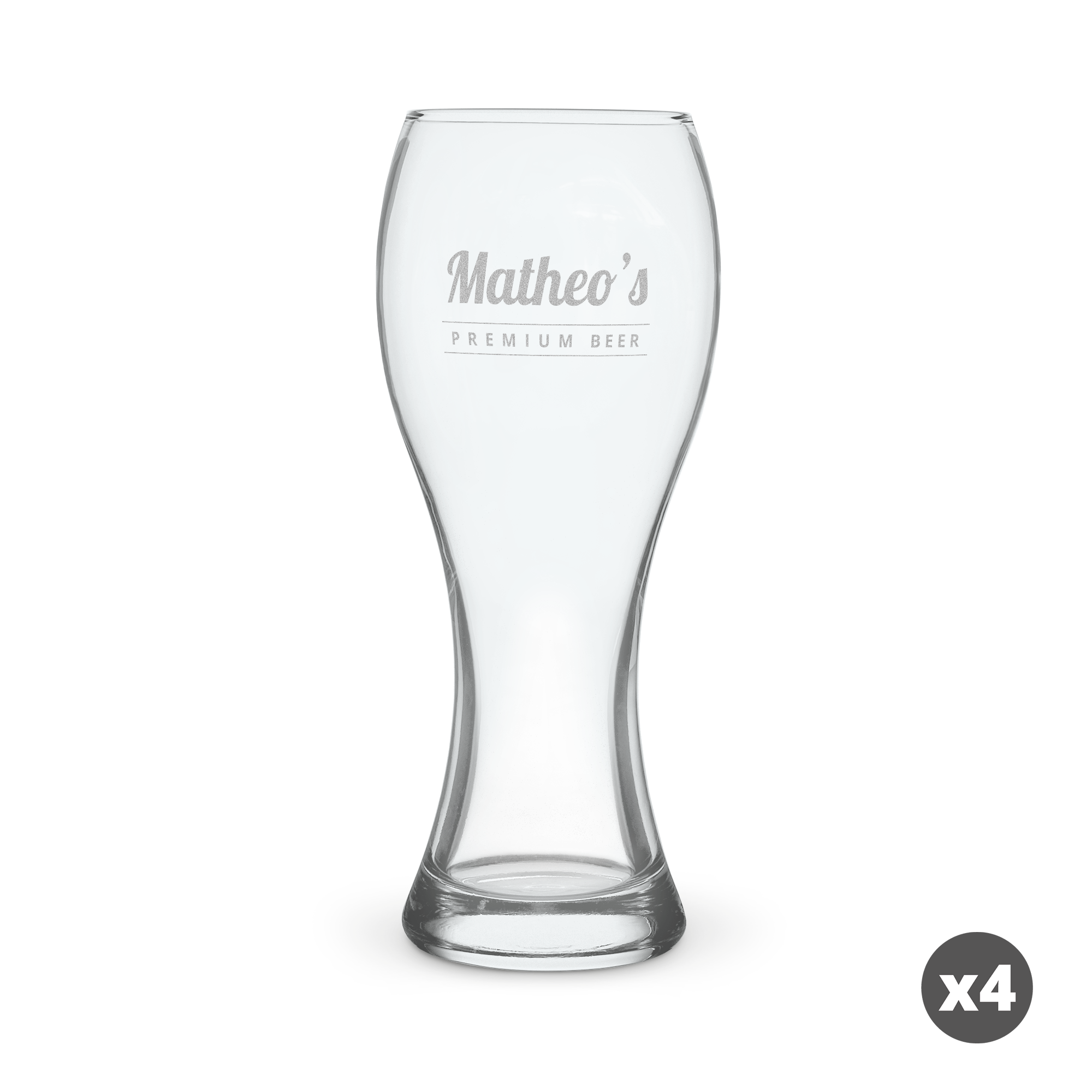 Copo de cerveja azul com o nome "Matheo's" e "Premium Beer" gravado. Caneca com um nome.