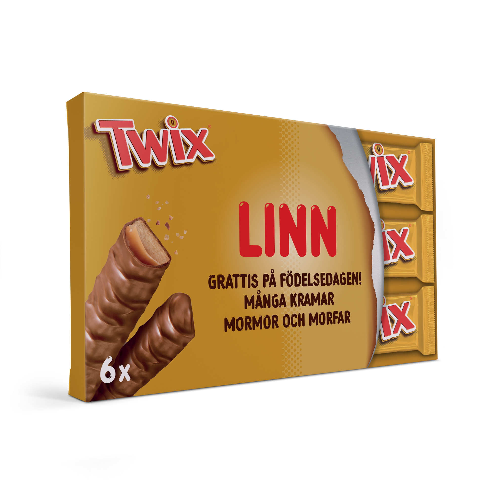 En personlig Twix-presentask med namnet LINN och gratulationsmeddelande tryckt i rött, med 6 Twix-bitar inuti.
