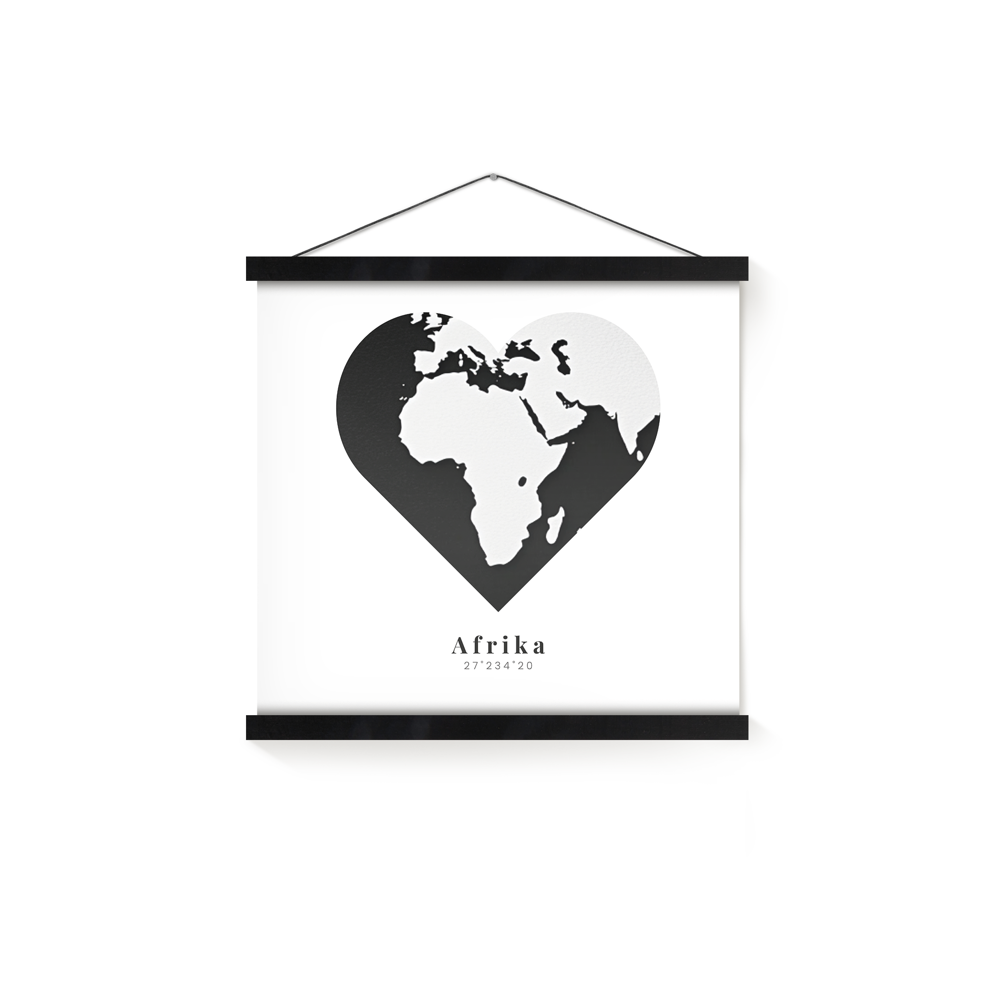 Afiș personalizat cu hartă Africa în formă de inimă și text imprimat cu umeraș magnetic negru