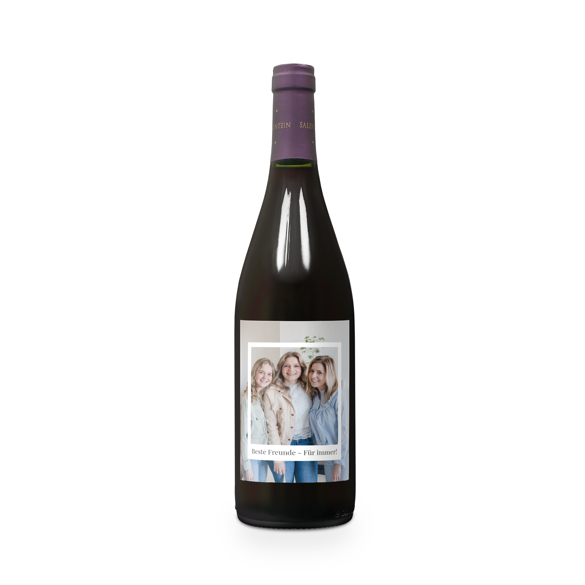 Weinflasche Salentein Pinot Noir mit personalisiertem Etikett bedruckt mit Foto von drei jungen Frauen und "Beste Freunde - Für immer!".
