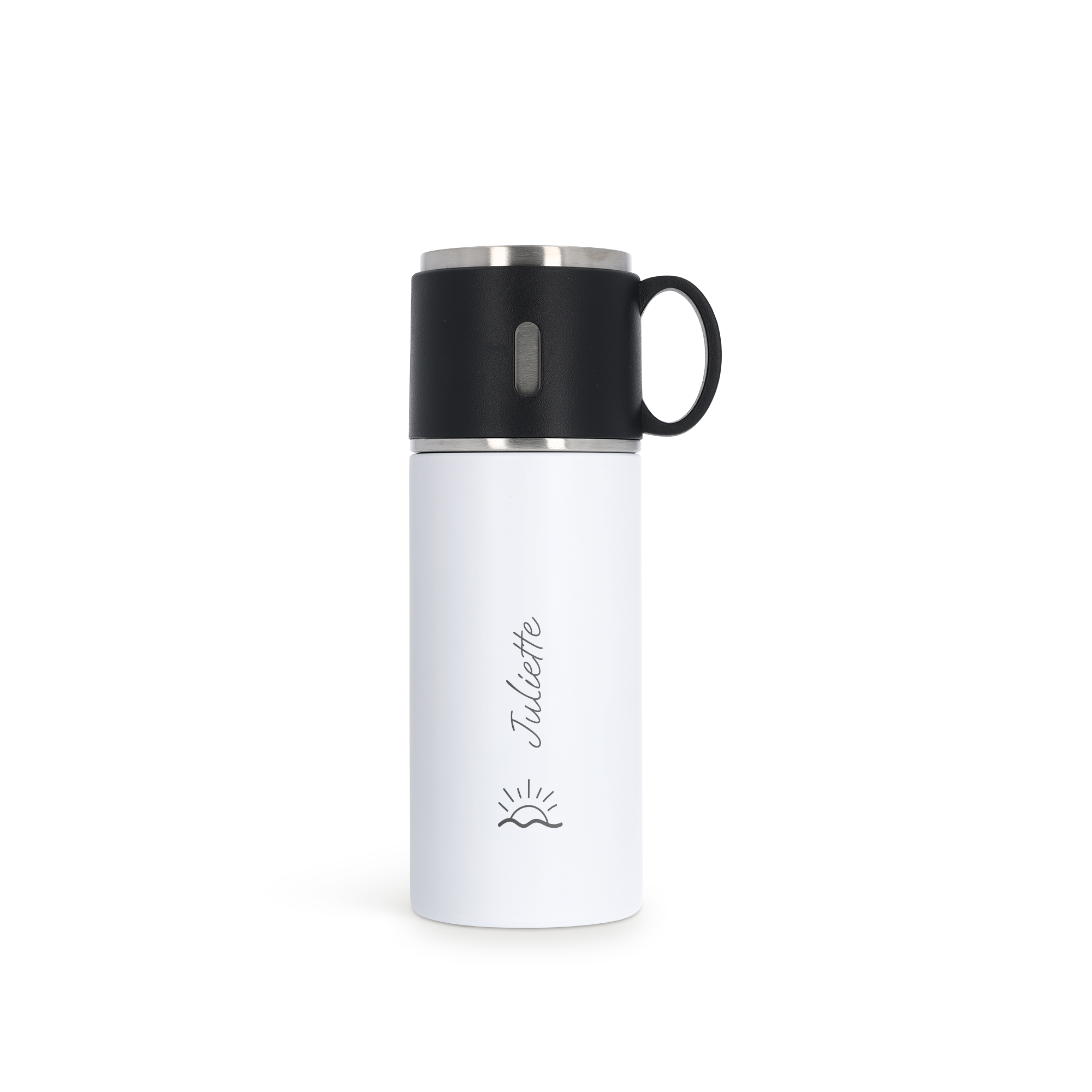 Thermos personnalisé blanc de 350 ml avec tasse noire, imprimé du prénom Juliette et d'un soleil.