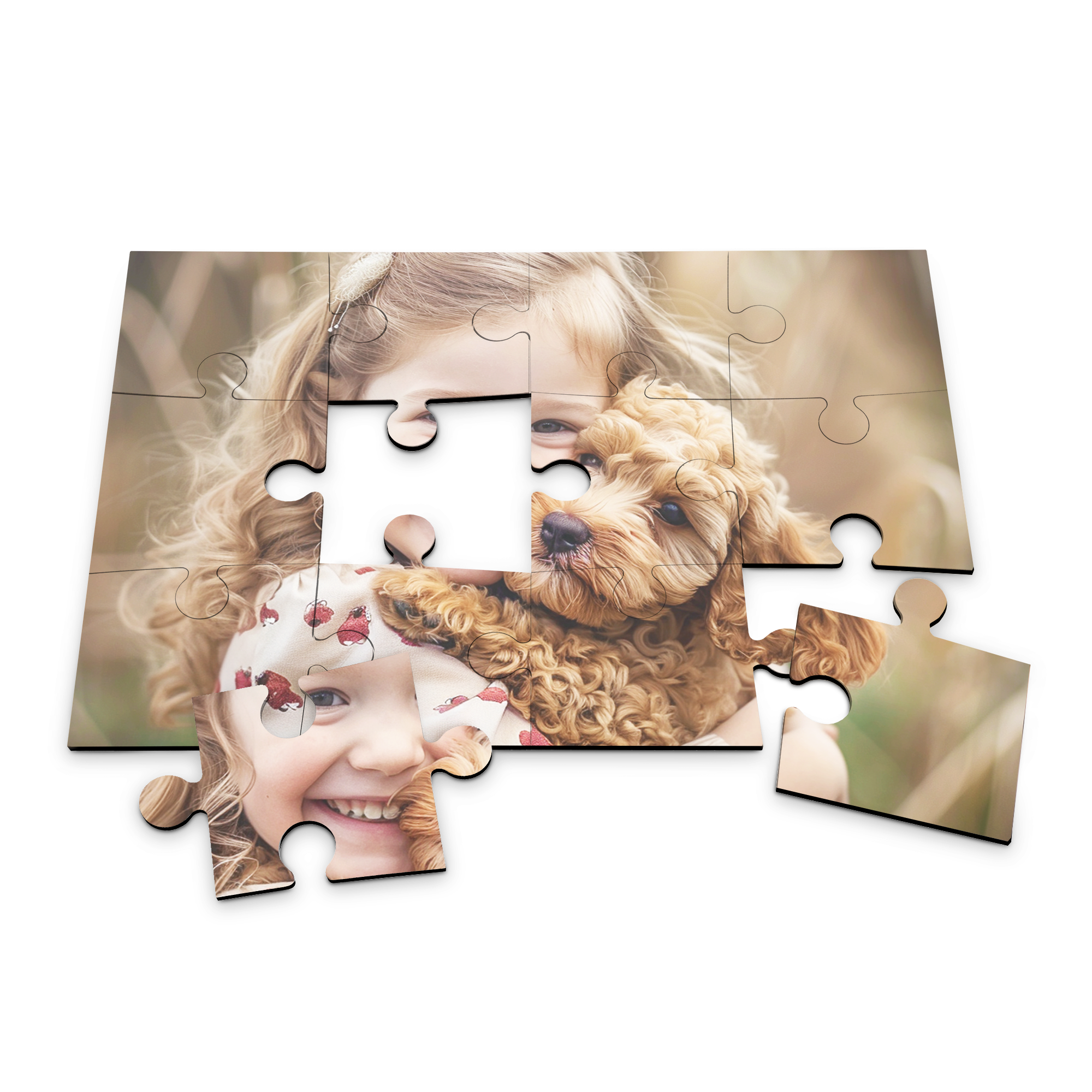 Rompecabezas fotográfico con una niña sonriente y un cachorro, personalizable con tu propia foto.