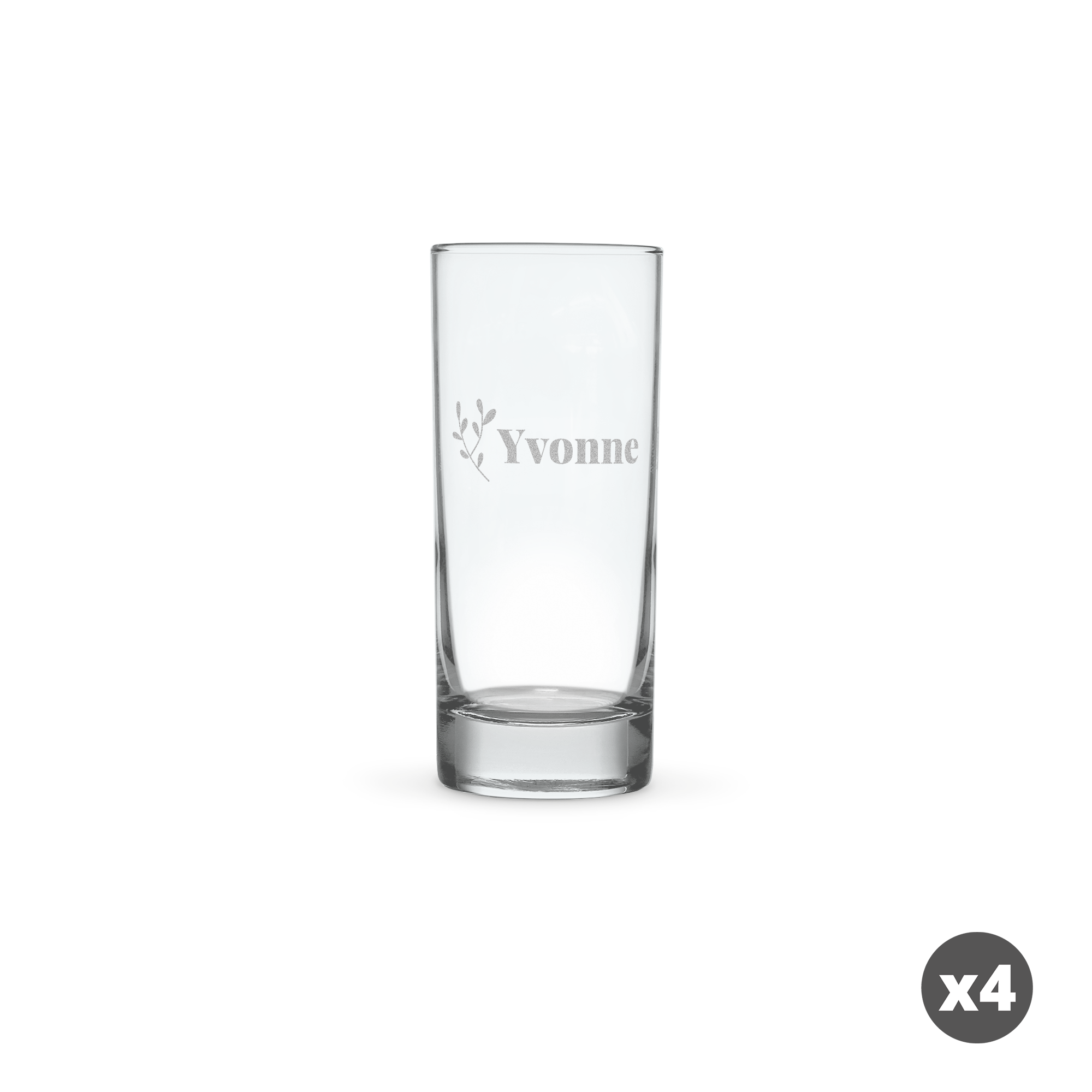 Ein Set Longdrinkgläser, mit dem Namen Yvonne graviert und einem Blatt-Design. Die Gläser lassen sich mit eigenem Namen oder Text gravieren.
