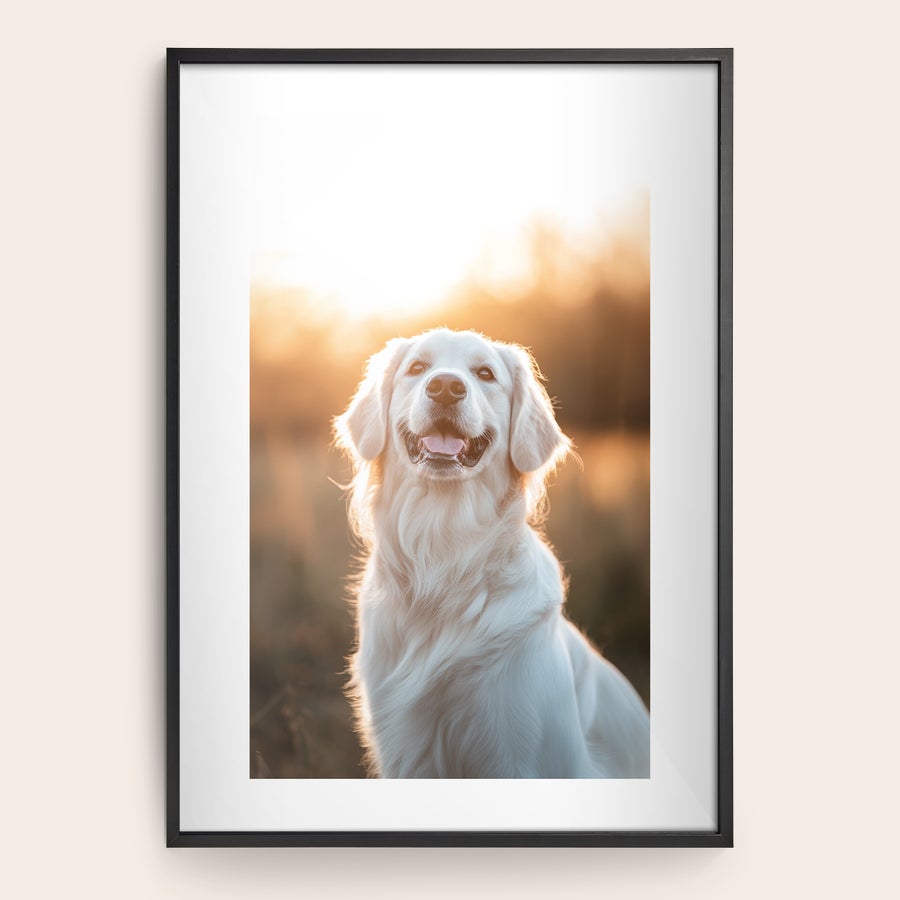 Inramat foto Snygg träram med affisch, personlig med ditt eget foto, tryckt i färg, med en glad golden retriever.