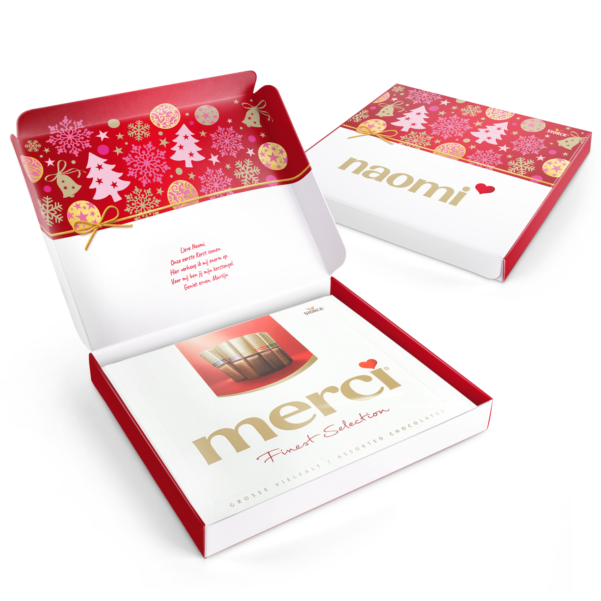 Persoonlijke bedrukte Merci Finest Selection giftbox met kerstthema en naam Naomi, inclusief gedrukte wenskaart.