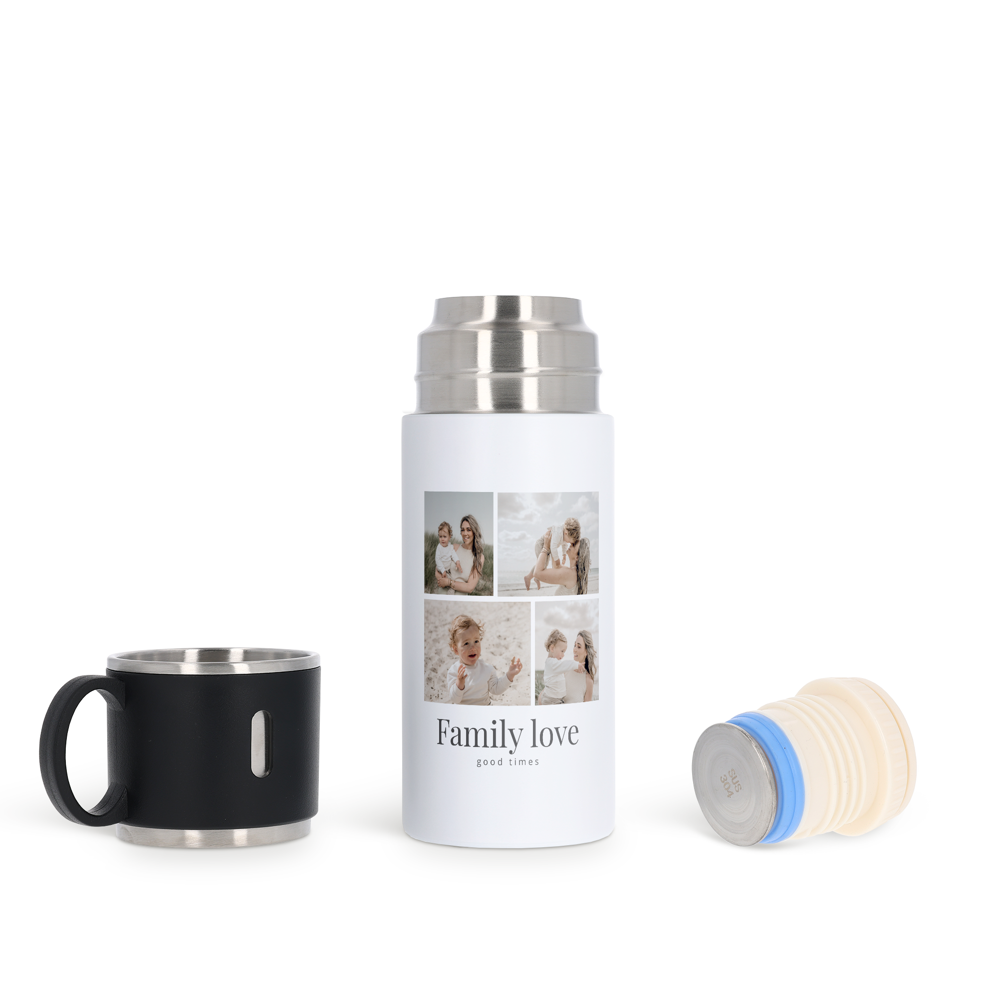 Termo blanco de 350 ml con fotos impresas y el texto "Family love good times", junto a una taza negra y el tapón.