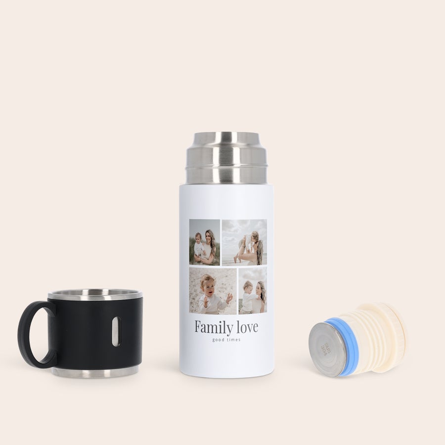 Thermosfles met beker bedrukken Witte thermosfles met vier geprinte familiefotos en zwarte thermosbeker, uniek en stijlvol op pad