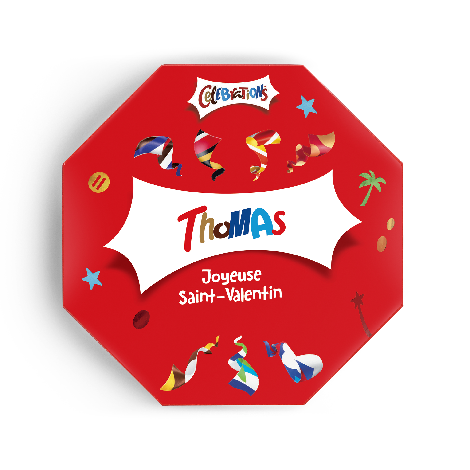 Coffret Celebrations personnalisé rouge imprimé avec le nom Thomas et Joyeuse Saint-Valentin