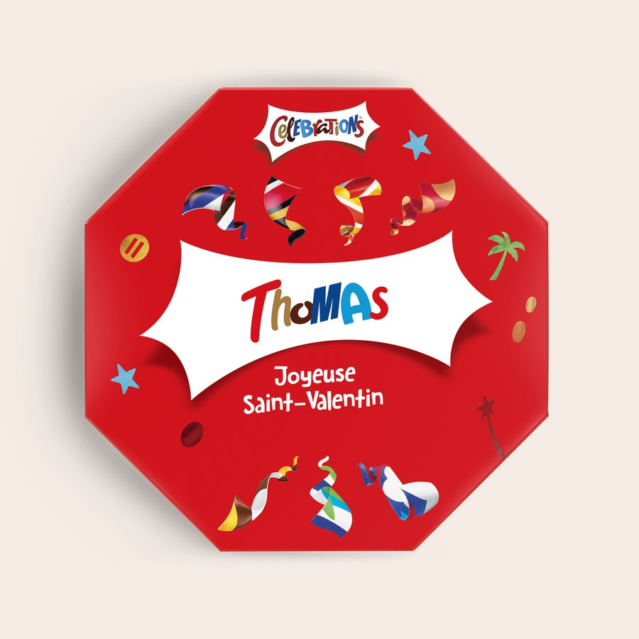 Coffret Celebrations avec inscription du nom Coffret Celebrations personnalisé rouge imprimé avec le nom Thomas et Joyeuse Saint-Valentin