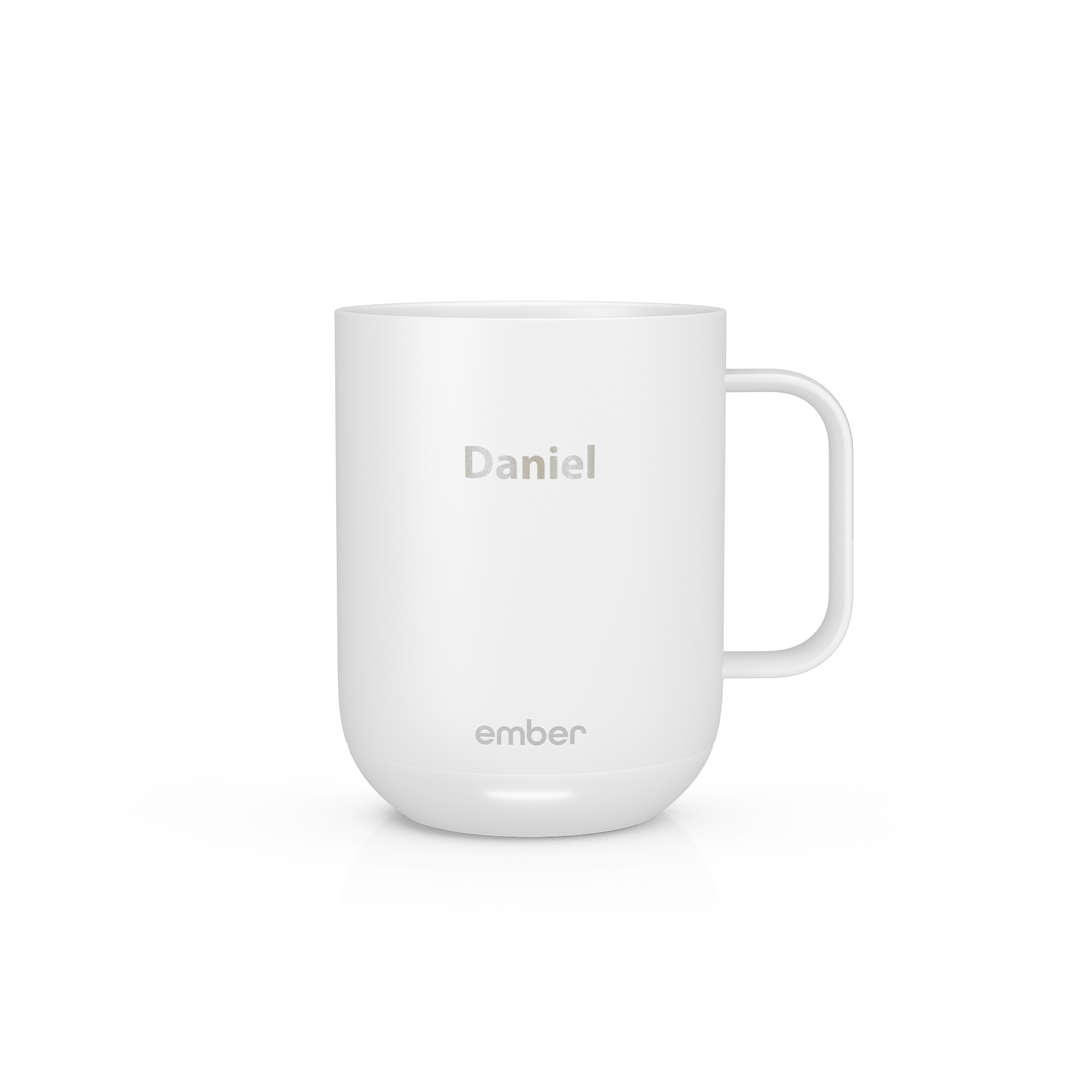 Biały kubek Ember Control ze stali nierdzewnej, grawerowany laserowo imieniem Daniel. Rozkoszuj się każdym łykiem z personalizowanym kubkiem Ember Control!
