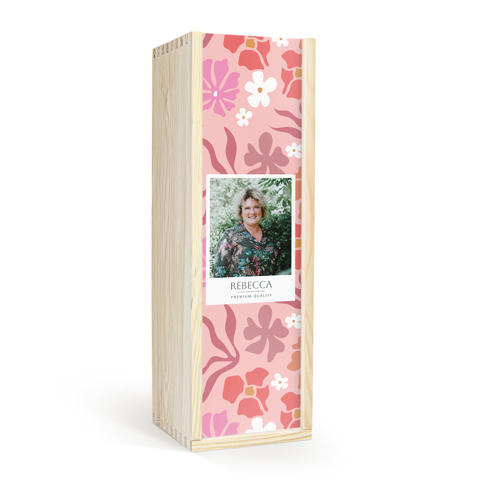 Personalized wooden case with a printed photo and the name Rebecca, featuring a colorful floral design, perfect for a special gift.
