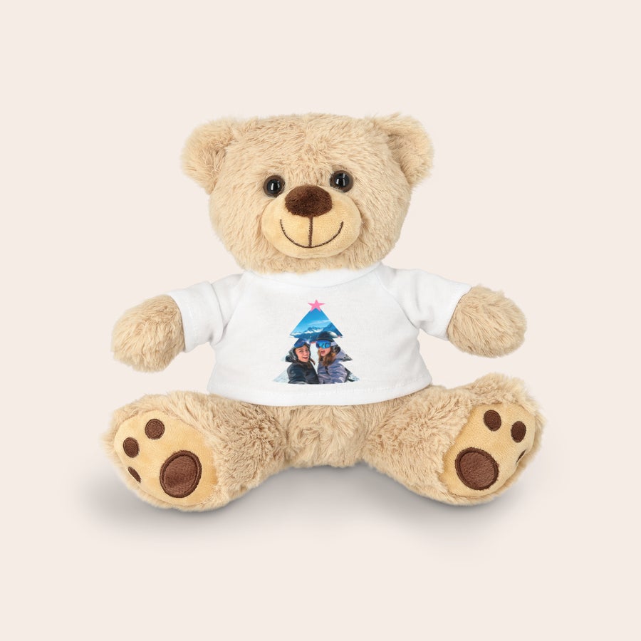 Personalised cuddly toy bear Personalised cuddly toy - Teddy bear - 20 cm, wearing a white t-shirt printed with a custom photo