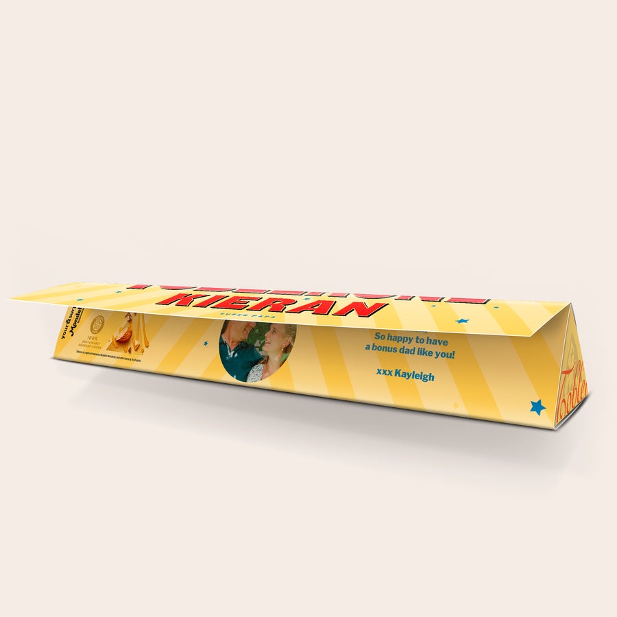 Toblerone - Deň otcov Personalizovaná Toblerone čokoláda s fotkou, menom Kieran a nápisom Super Papa, prekvapte svojho otca