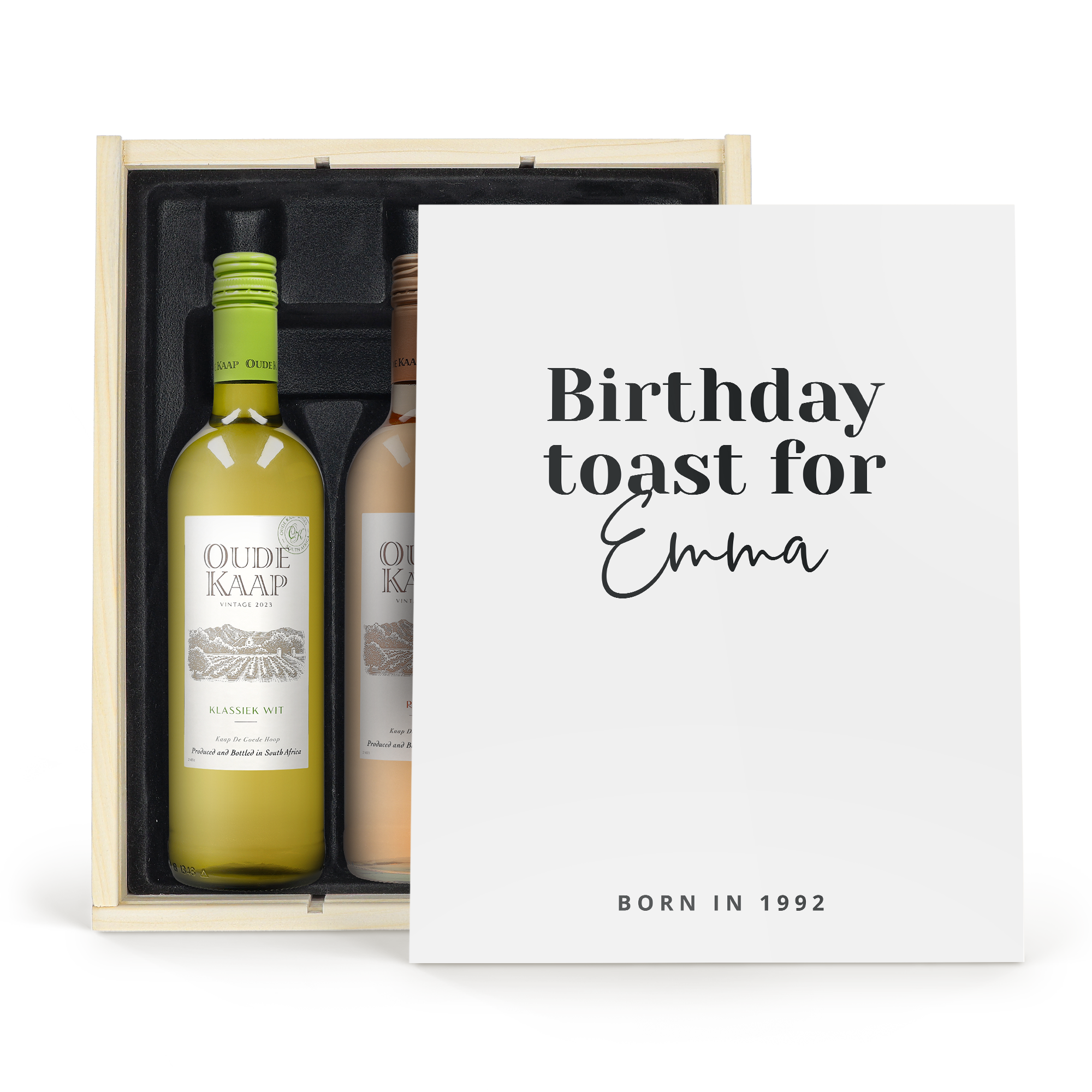 Personalizované víno Oude Kaap, bílé a rosé, v tištěném dárkovém obalu s textem „Birthday toast for Emma, Born in 1992"