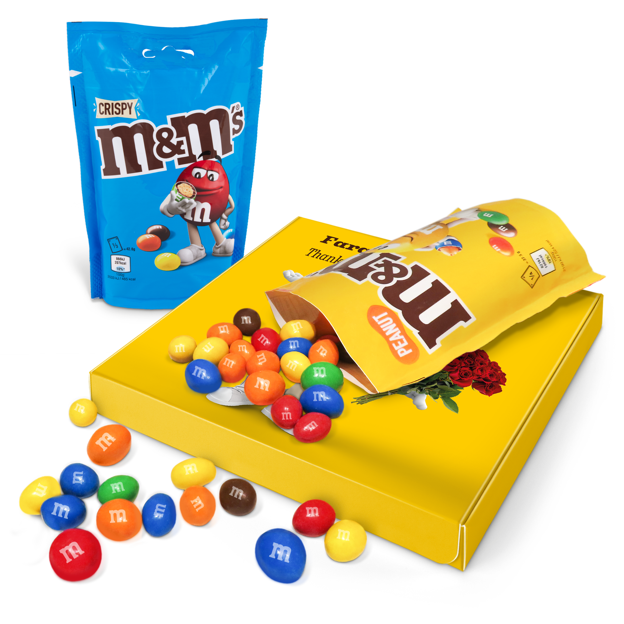 Confezione regalo M&M's personalizzata stampata con scritta Thanks e rose rosse, include M&M's Peanut e Crispy