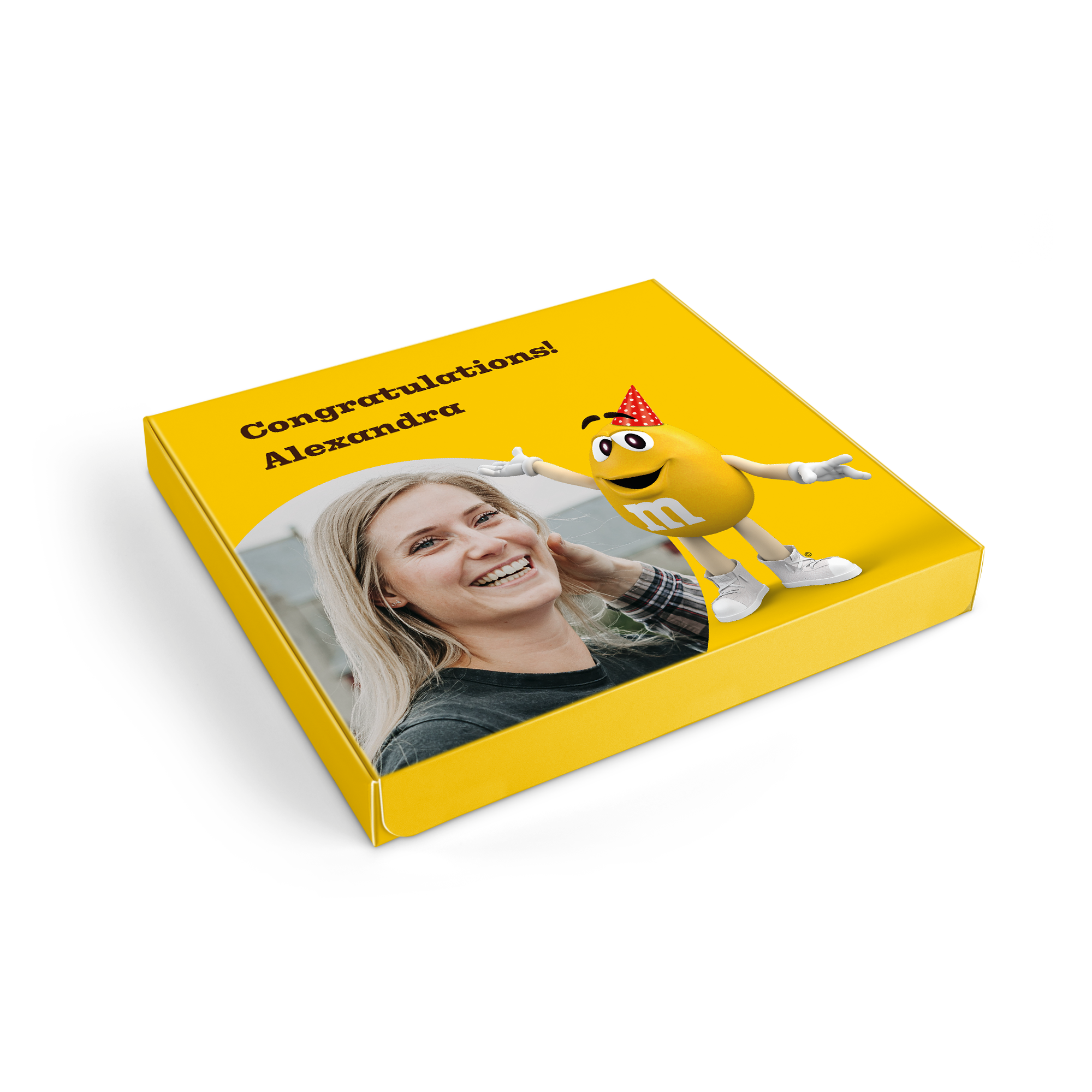 Personalizirana darilna škatla M&M's z natisnjeno fotografijo, imenom Alexandra in besedilom Congratulations!