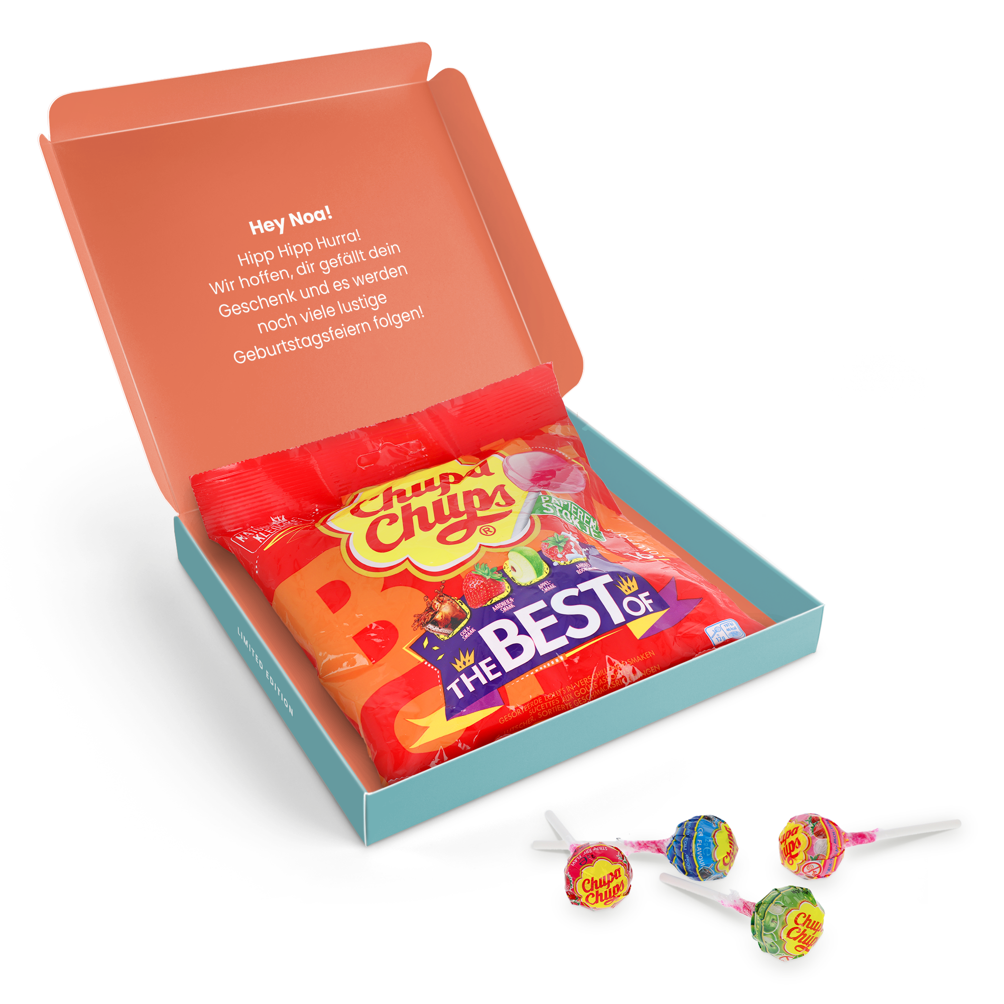 Chupa Chups Briefkastengeschenk mit personalisierter Grußbotschaft Hey Noa! auf dem Deckel