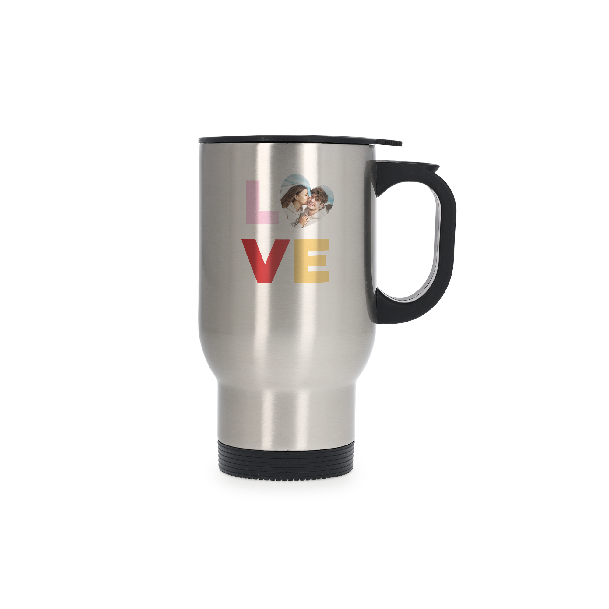Tazza thermos personalizzata in alluminio con manico, stampata con foto di coppia e la scritta LOVE. Trasforma ogni bevanda quotidiana con un tocco personalizzato