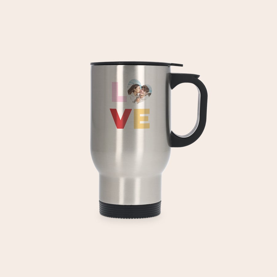 Thermosbeker bedrukken Roestvrijstalen thermosbeker, bedrukt met de tekst LOVE en een persoonlijke foto van een stel in een hartvorm, maakt elk drankje speciaal.