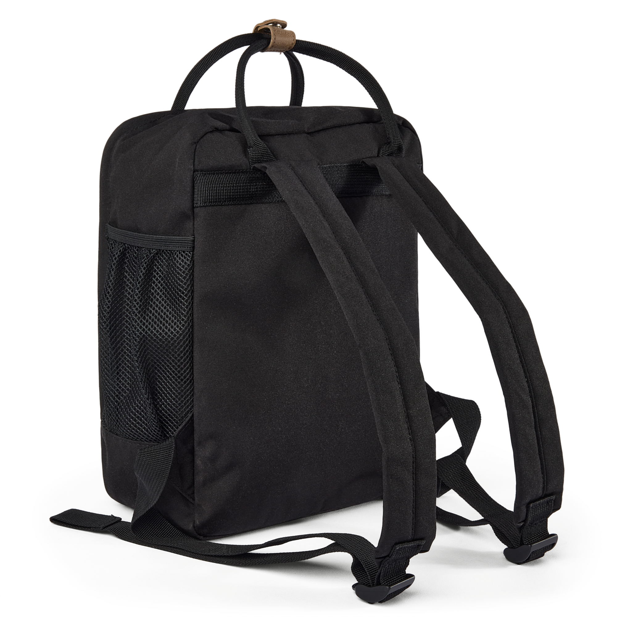 Sac à dos noir avec anse en cuir et bretelles, poches latérales en filet. Commandez dès maintenant un super beau sac à dos personnalisé.