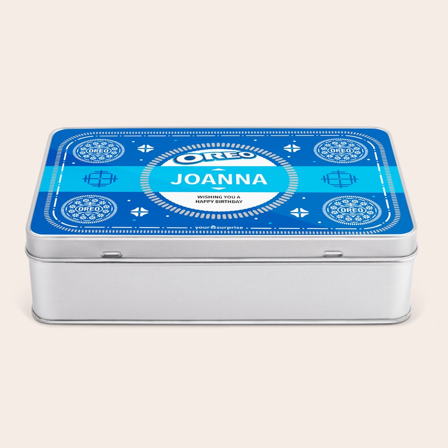 Caixa de Oreo Caixa vintage de Oreo azul personalizada com o nome Joanna e mensagem