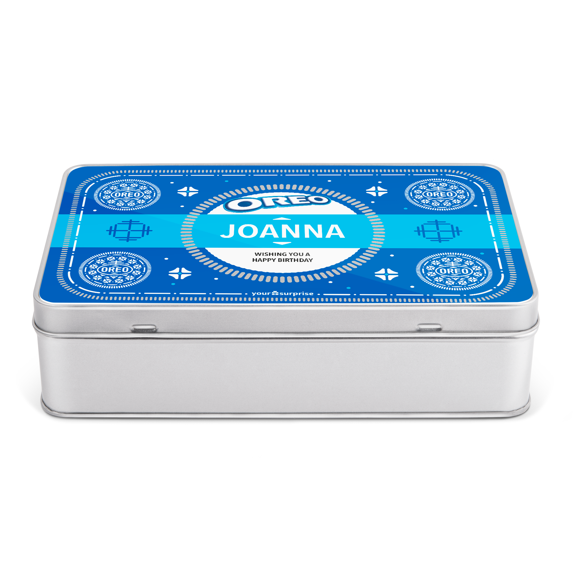 Personlig gaveboks i Oreo-stil, trykt med navnet "JOANNA" og "WISHING YOU A HAPPY BIRTHDAY".