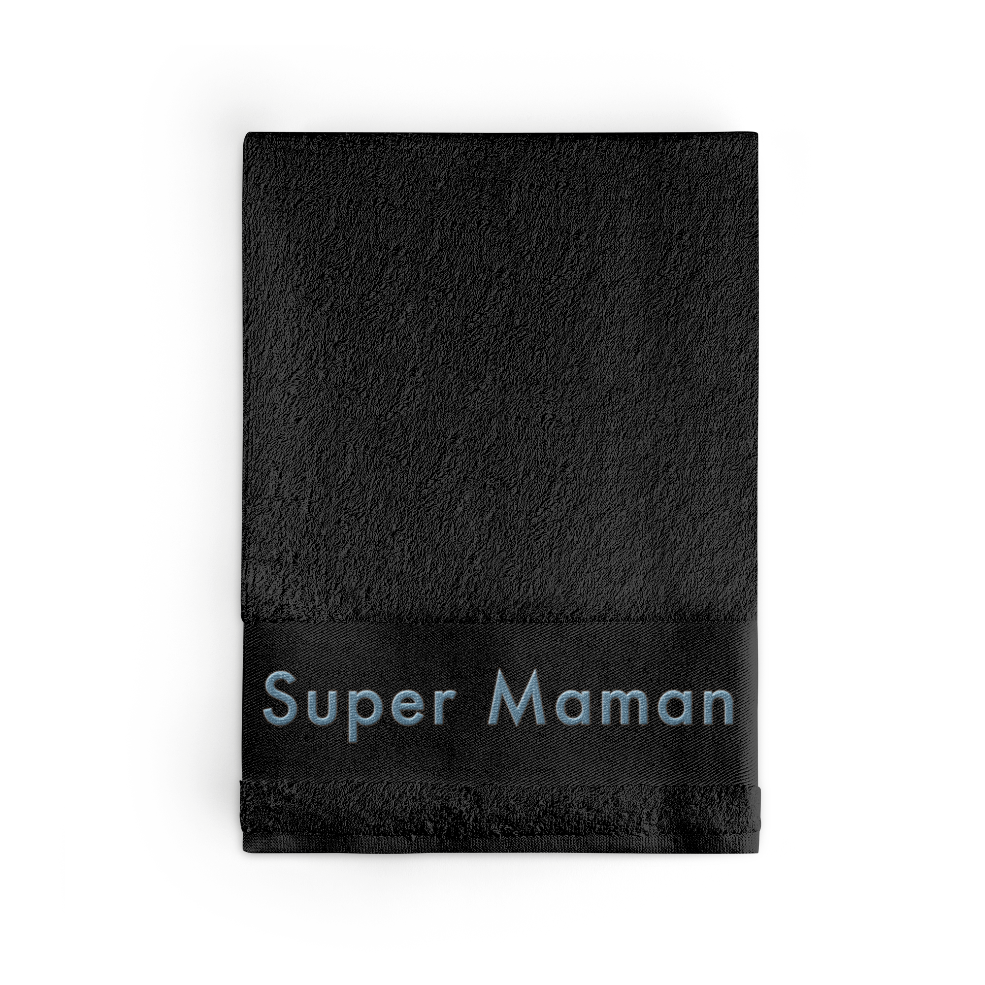 Serviette noire brodée Super Maman pour un moment du bain unique et personnalisé.
