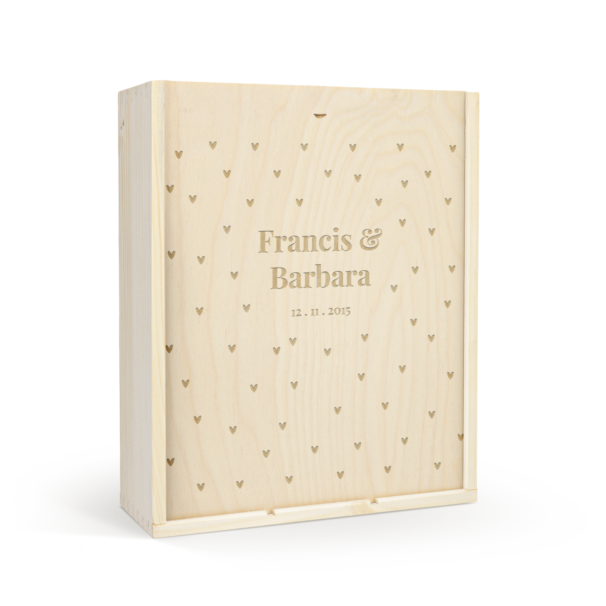 Coffret en bois personnalisé pour 3 bouteilles de Oude Kaap gravé avec les prénoms Francis & Barbara et la date 12.11.2015