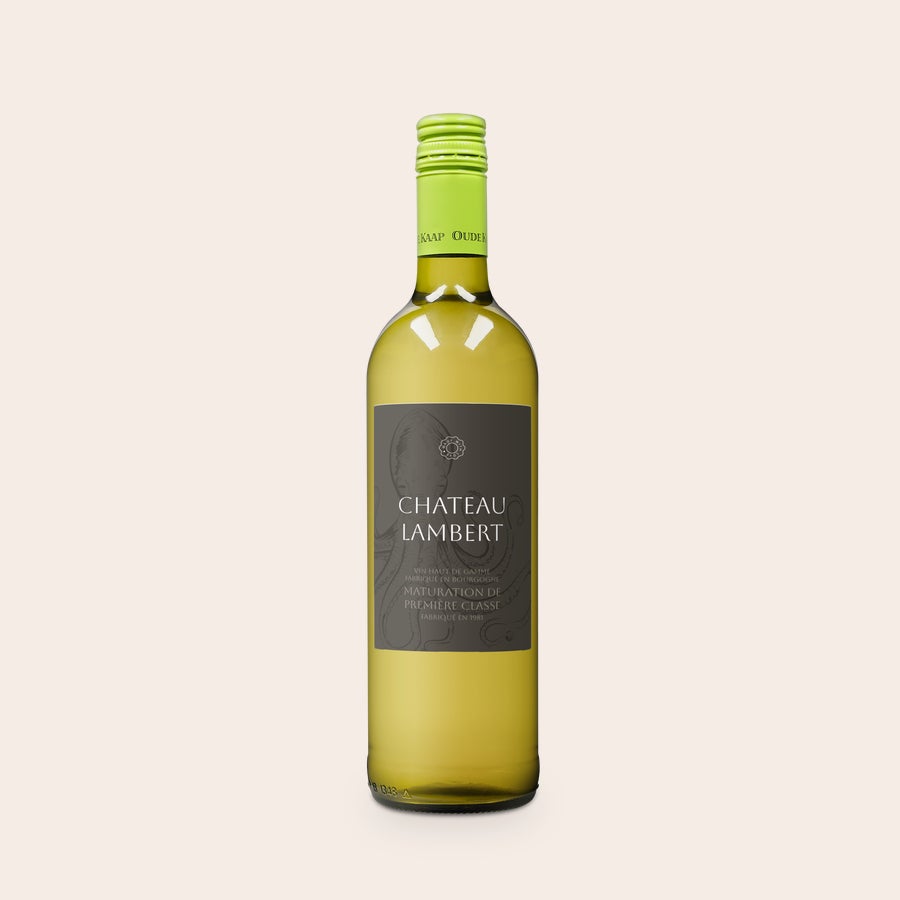 Coffret vin personnalisé - Oude Kaap - blanc Bouteille Oude Kaap Blanc avec étiquette personnalisée Chateau Lambert, texte imprimé.