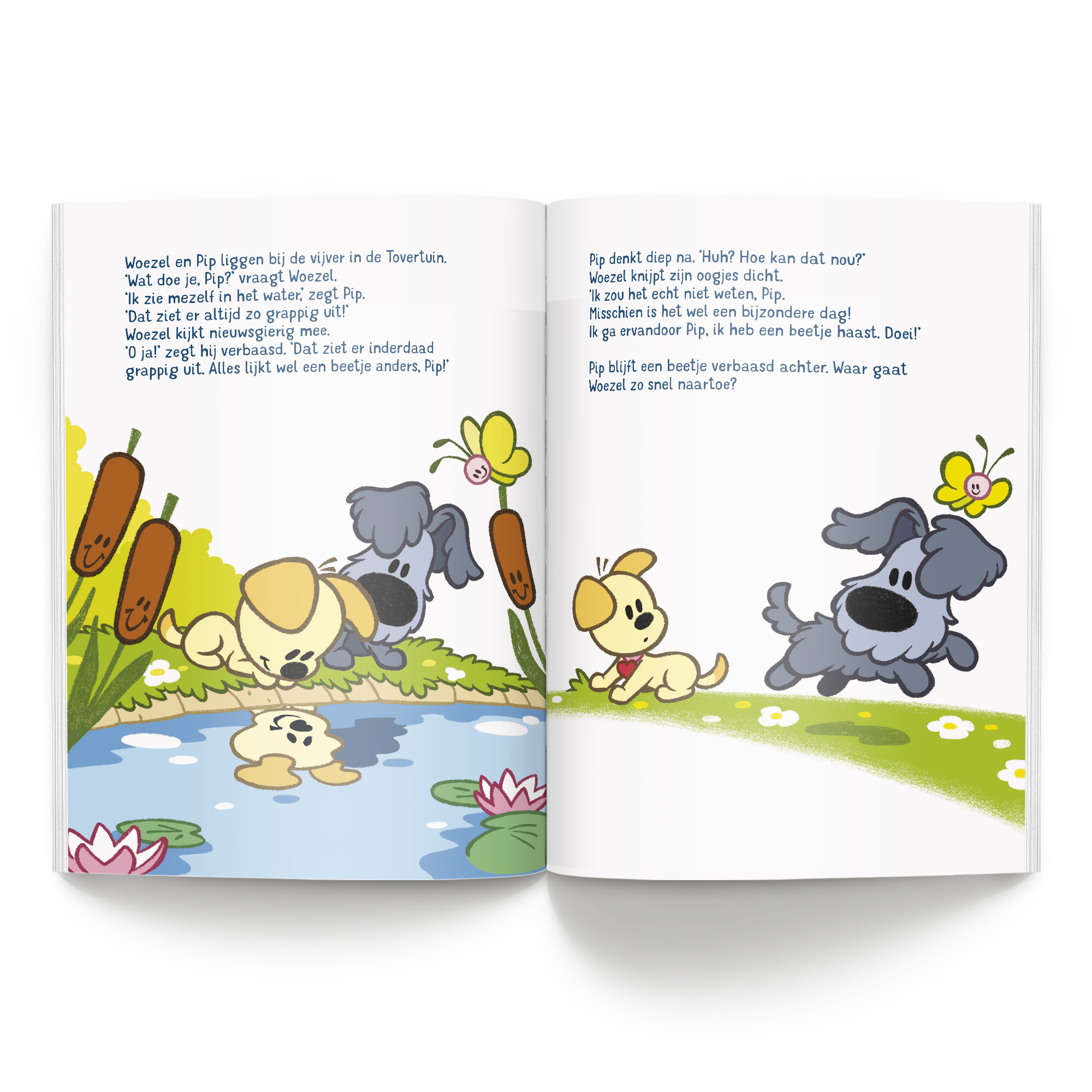 Woezel & Pip boek met naam en foto - Verjaardag - XL (Softcover), een gepersonaliseerd prentenboek met Woezel en Pip bij een vijver, aangepast met naam en foto.