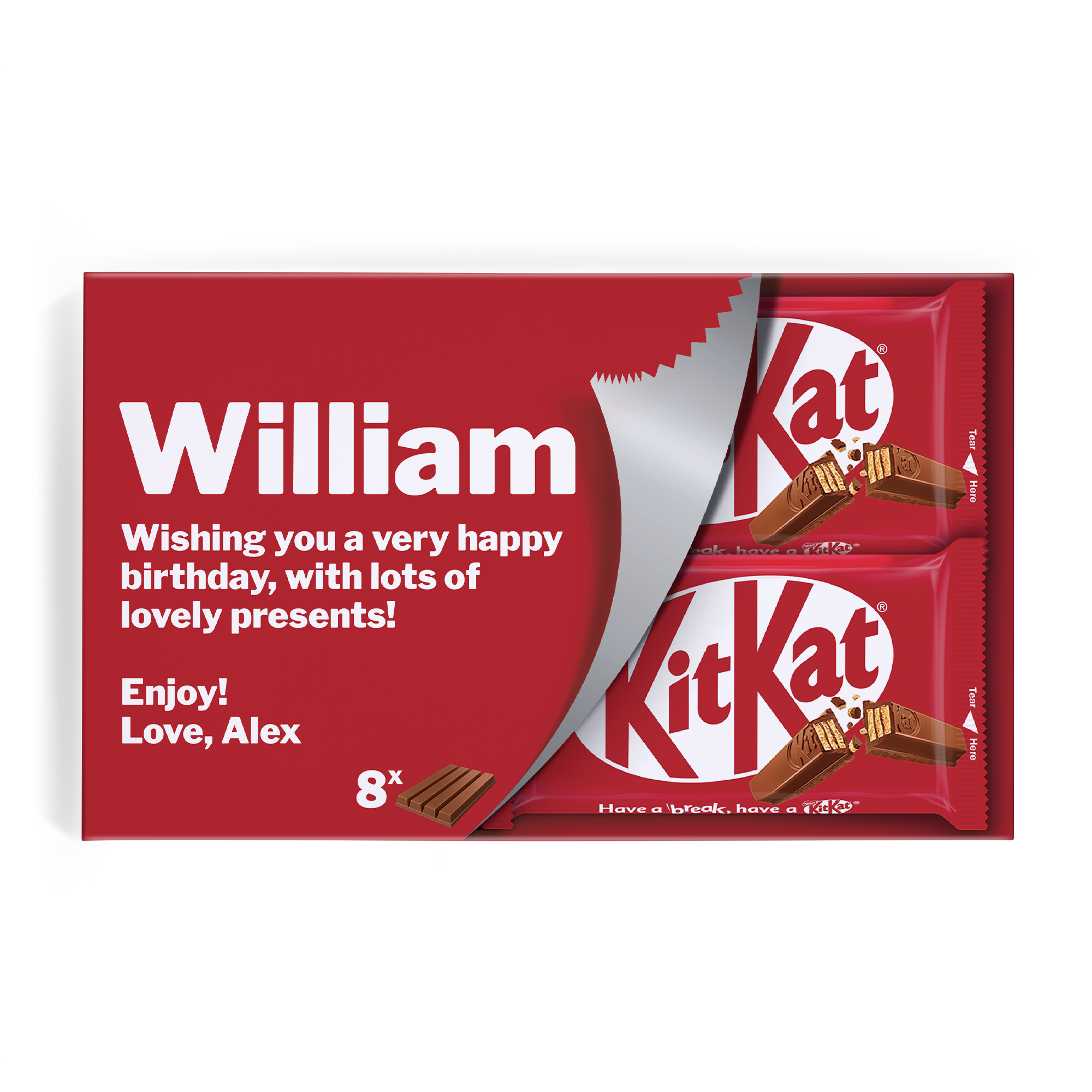 Caixa de presente de barras KitKat personalizada com nome William e mensagem de aniversário impressa.