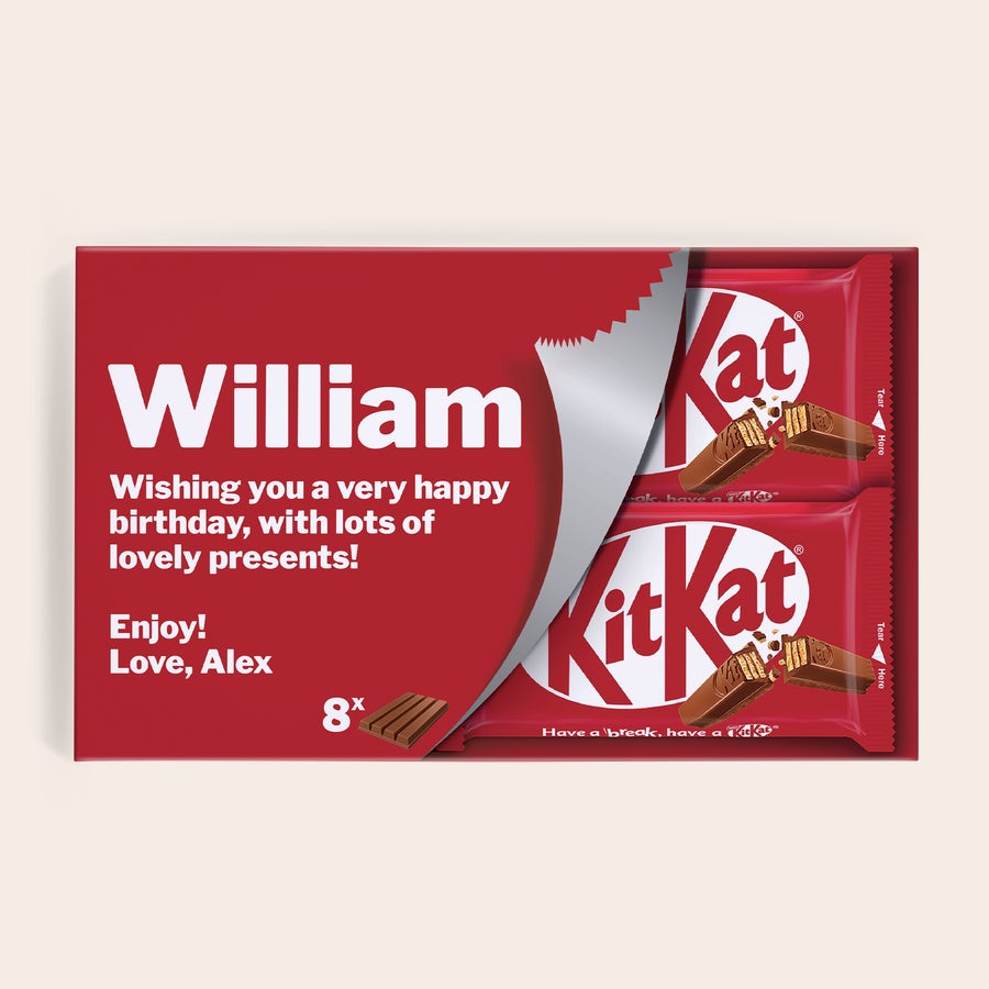 Confezione regalo personalizzata con barrette KitKat Confezione regalo di barrette KitKat con nome William e dedica di Alex, stampata a colori