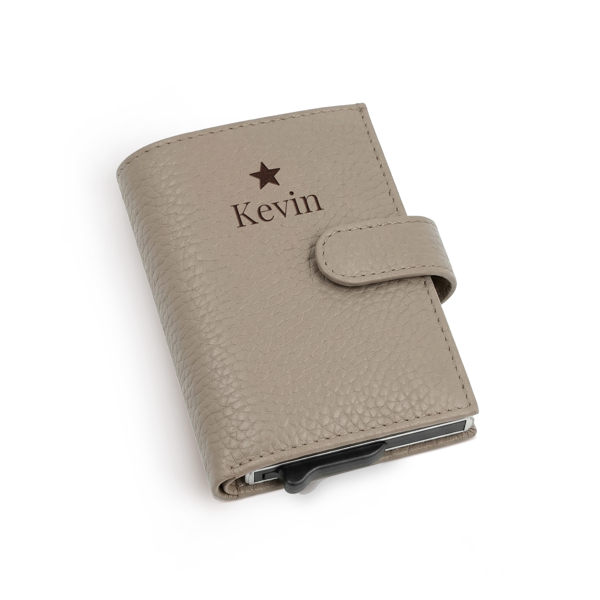 Engraved beige wallet with personalized name Kevin and star for a personalized gift