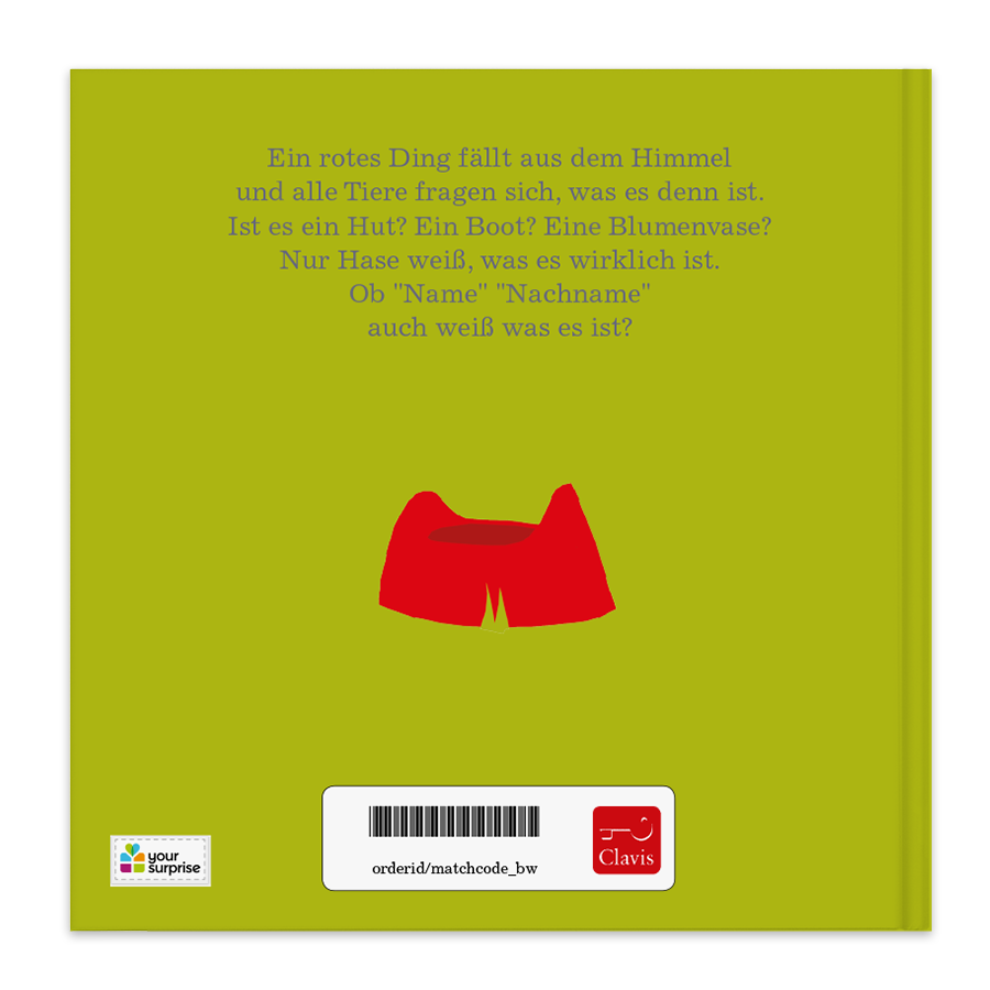 Rückseite eines personalisierten Kinderbuchs mit dem Namen des Kindes im Text, Dein Kind spielt eine besondere Rolle in diesem fröhlichen Kinderbuch mit Namen!