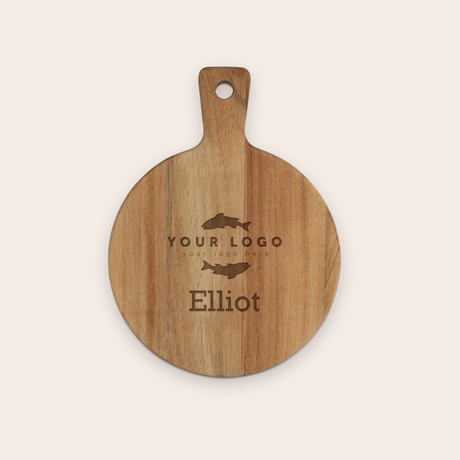 Tagliere per Aperitivo Personalizzato Piatto da portata in legno rotondo con manico, personalizzato con il nome Elliot e logo con pesci