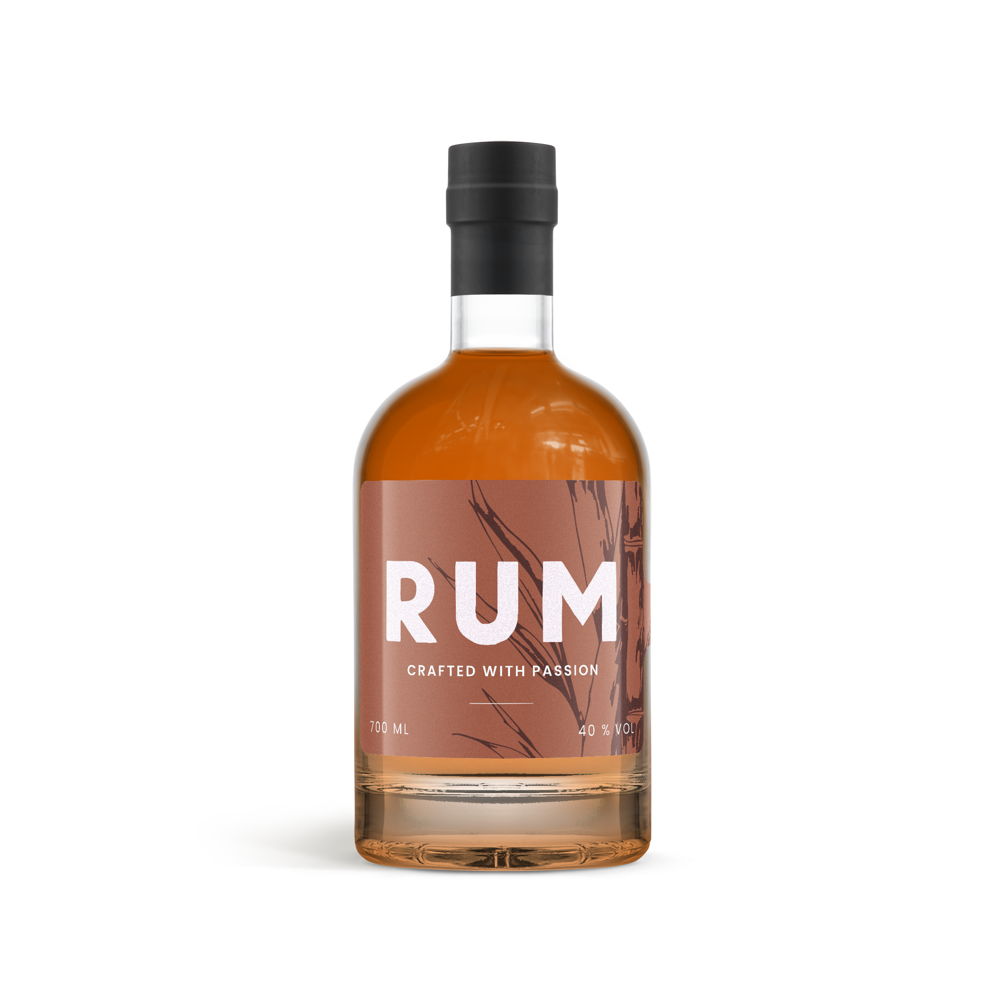 Mørk rom flaske med labelen RUM og teksten CRAFTED WITH PASSION, perfekt til en lækker overraskelse.