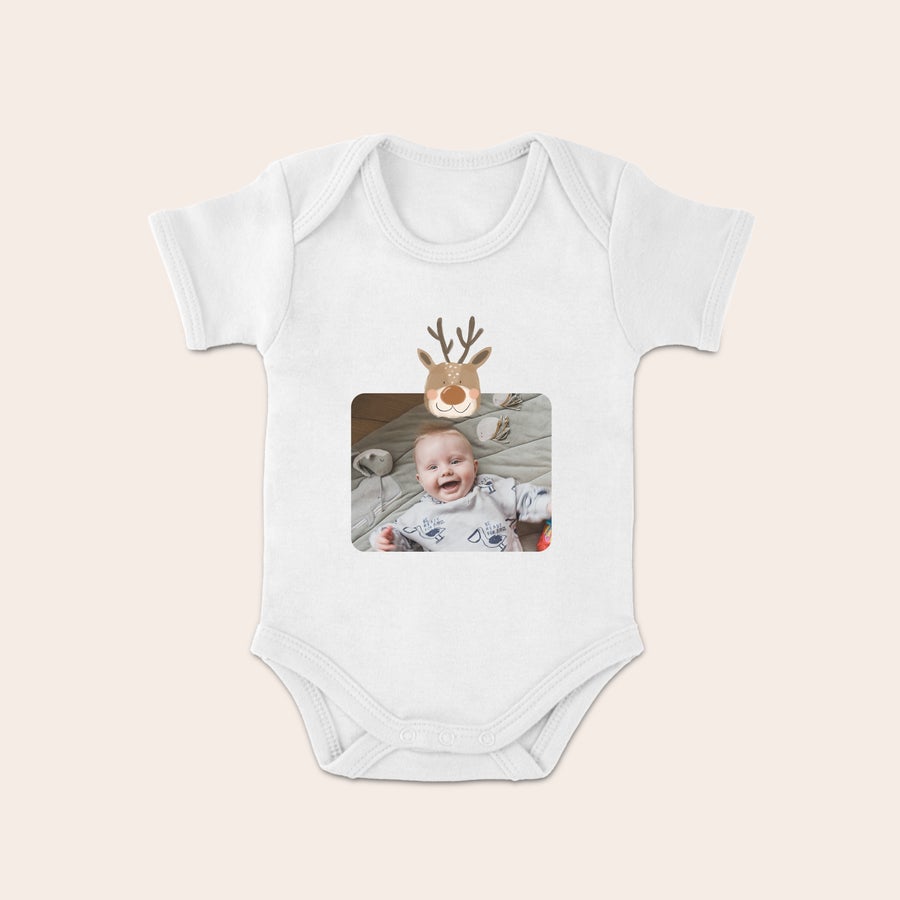 Body Natalizio Neonato Body bianco per neonato stampato con una foto di bambino sorridente e un'illustrazione di renna Festeggia il primo Natale del vostro bambino
