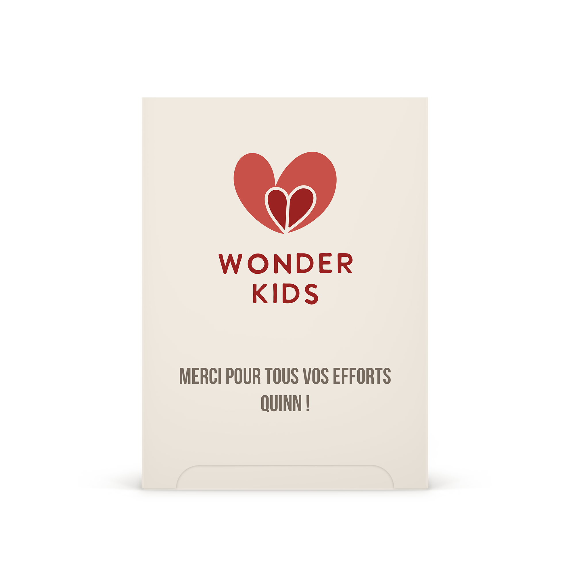 Un coffret cadeau Bonne Maman personnalisé avec le texte Merci pour tous vos efforts Quinn et un logo Wonder Kids