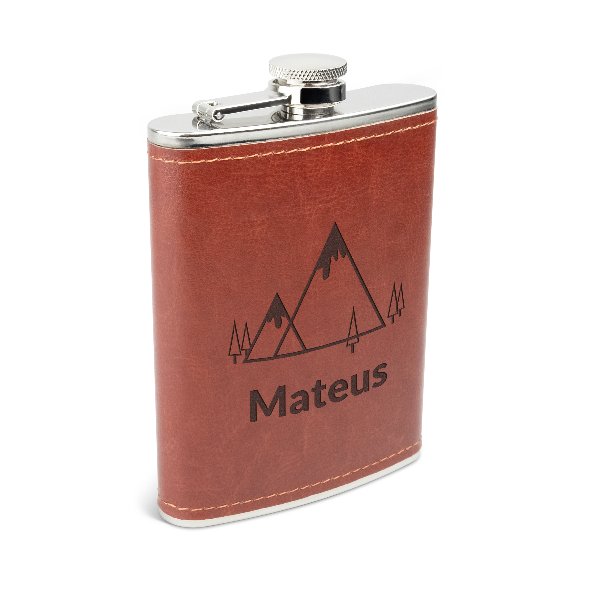 Frasco de quadril de couro gravado com montanhas e nome Mateus
