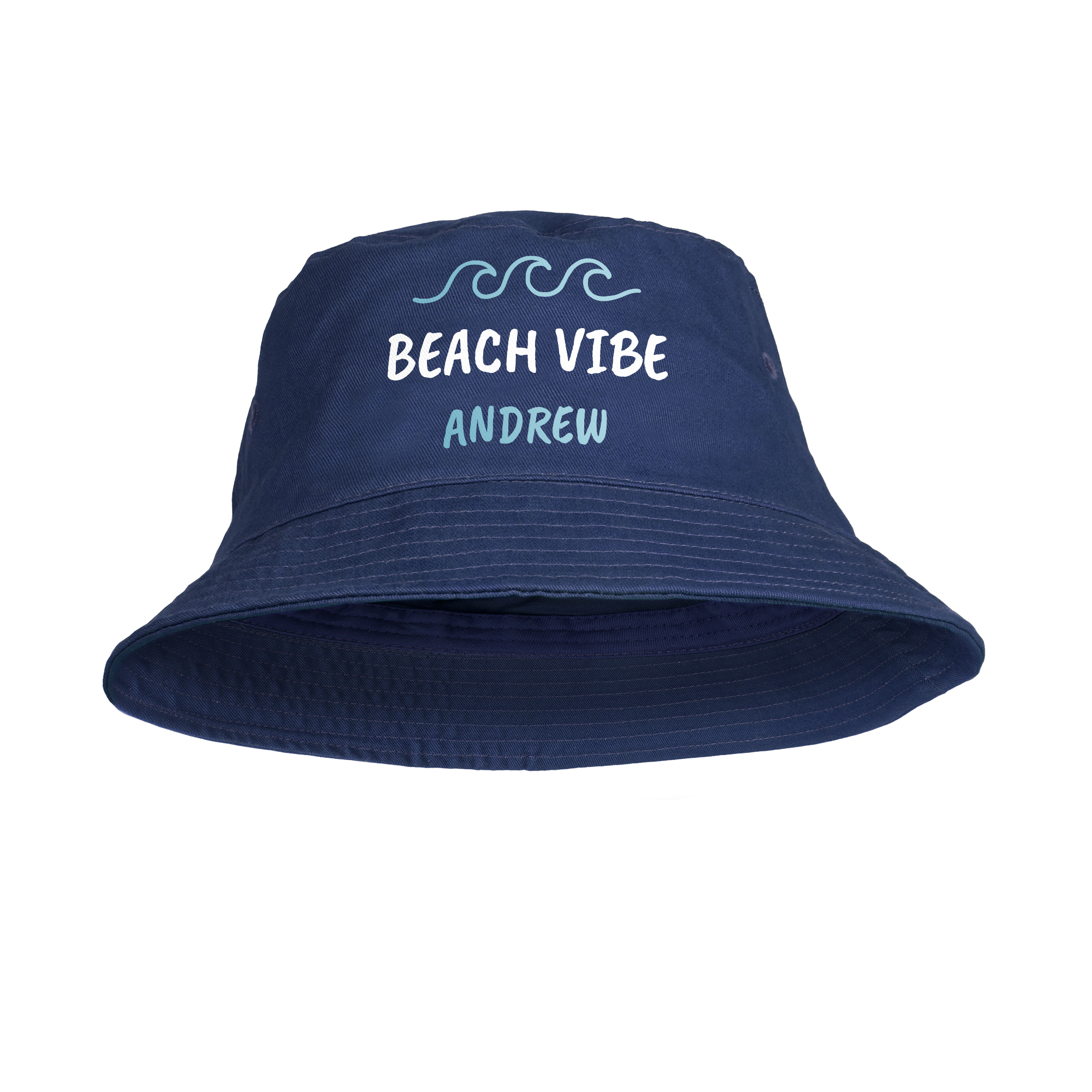 Chapéu de balde azul-marinho com ondas e "Beach Vibe Andrew" impresso, um chapéu de balde personalizado