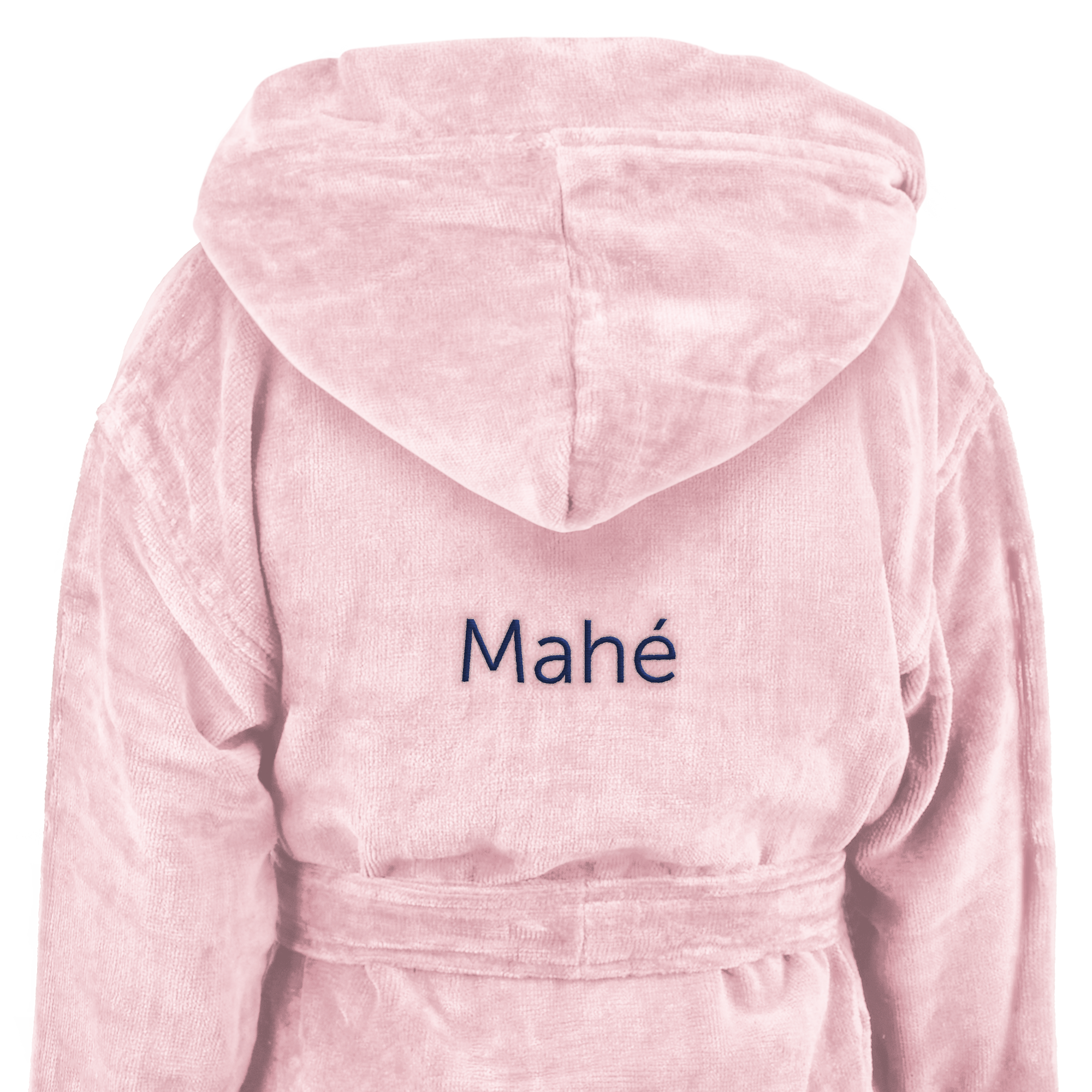 Peignoir rose super doux pour enfant avec capuche brodé du prénom Mahé. Personnalisez ce peignoir.