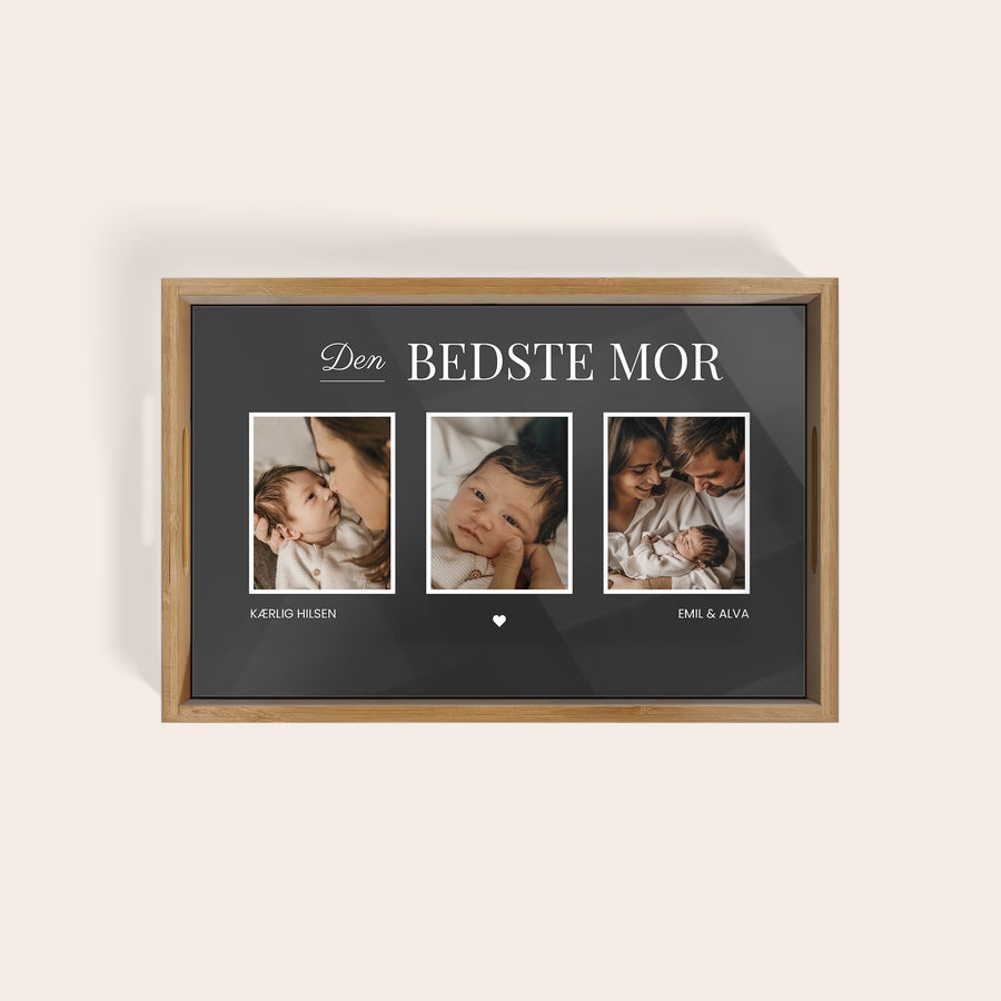 Personlig fotobakke - Rektangel - Beige - 23,5 x 37 cm Personlig fotobakke - Rektangel - Beige - 23,5 x 37 cm med 3 billeder af babyer og forældre og teksten